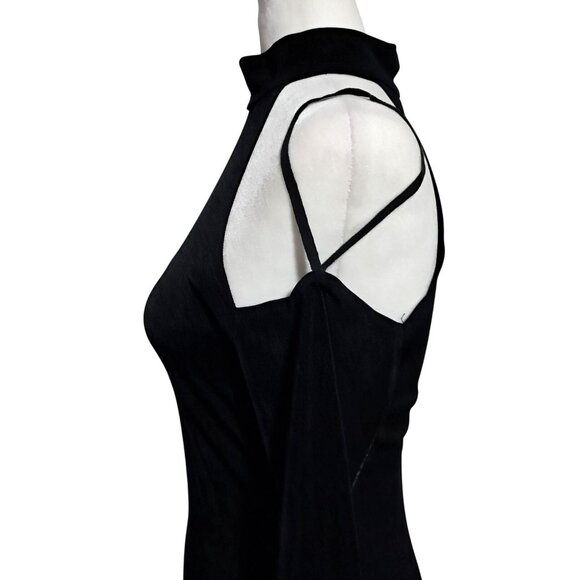 Black Bodycon Maxi Dress Womens L Brief Encounter Cold Shoulder High Neck Long S - Picture 8 of 13